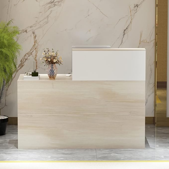 Homsee Modern Reception Desk Counter with Hutch Lockable Drawer &amp 1 Door Cabinet Office Wooden Computer Desk Reception Table White and Brown (55.1”L x 23.6”W x 43.3”H)