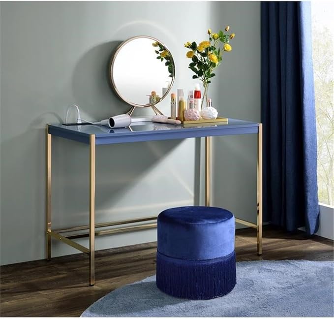 Acme Midriaks Wooden Top Writing Desk with USB Port in Navy Blue and Gold