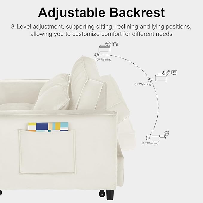 Convertible Sofa Bed 3 in 1 Sleeper Sofa with Adjustable Backrest Pull Out Couch Loveseat with 2 Pillows &amp Side Pockets for Living Room Bedroom Apartment 55 Velvet | Beige