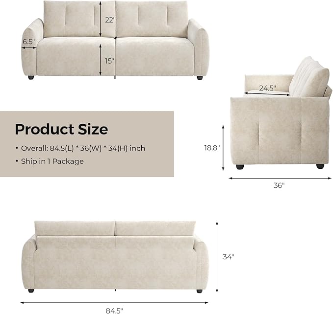 84.5 Inch Loveseat SofaModern Couch and SofaFeather-tip armrest DesignSturdy and Easy InstallationSmall Sofa for Living Room Bedroom Office and ApartmentChenille FabricBeige