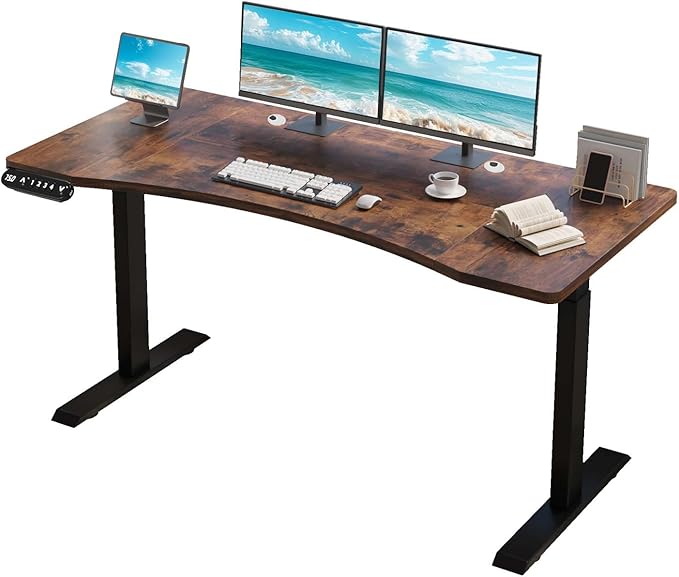 63 Curve Electric Standing Desk Adjustable Height Brown Seated Stand up Computer Desks for Work Office Home Ergonomic Lift-up Gaming Tables with Wheels &amp Splice Board &amp USB (Rustic Brown/63