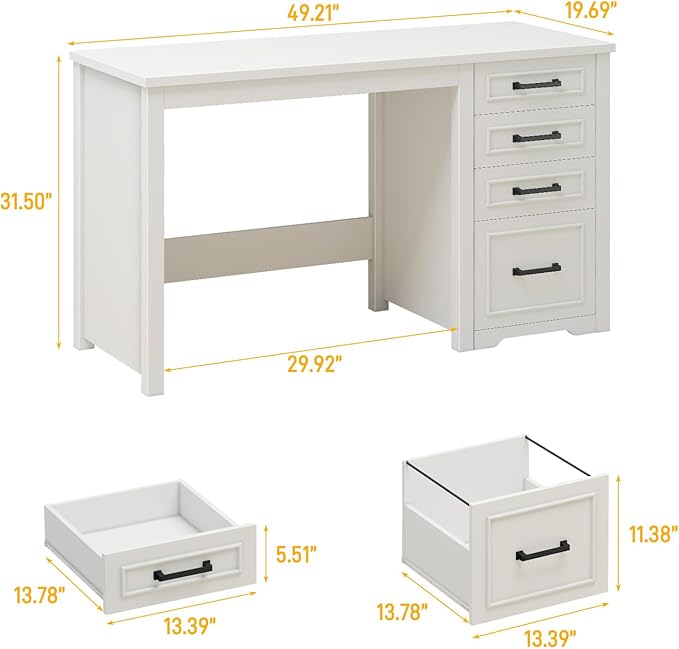 Vabches Farmhouse 49” Executive Desk with File Drawer 4 Drawers Reversible Computer Desk with Storage Rustic Home Writing Workstation for Home Office Cream White