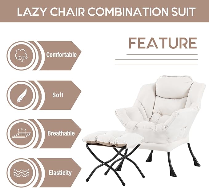LITA Lazy Chair with Ottoman Modern Accent Leisure Upholstered Sofa Contemporary Lounge Reading Chair with Armrests and a Side Pocket for Living Room Bedroom &amp Small Space Beige