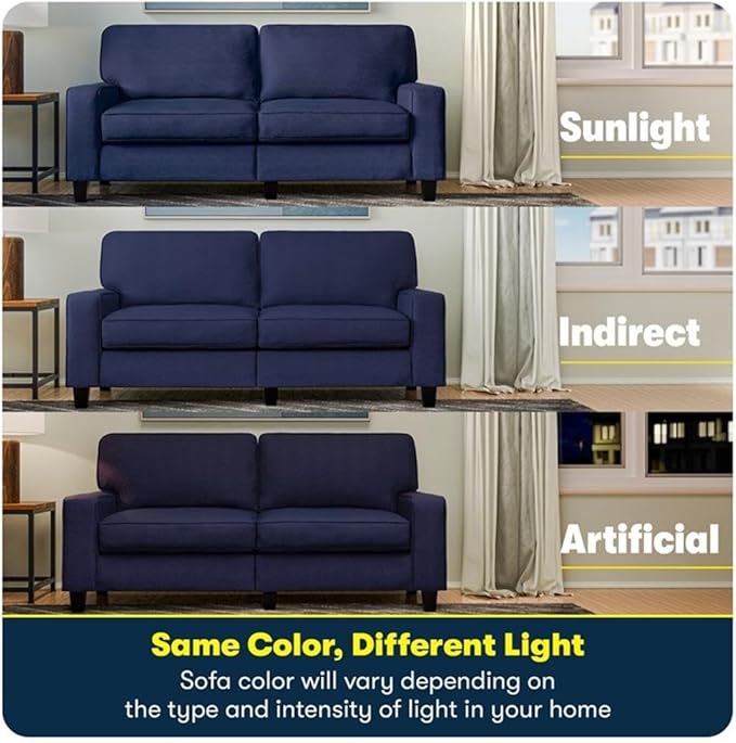 Pemberly Row 61 Track Arm Loveseat Sofa Navy Blue Polyester Upholstery Removable Covers Compact Space-Saving Design Solid Wood Frame Modern Style for Apartments Home Office or Living Room Use