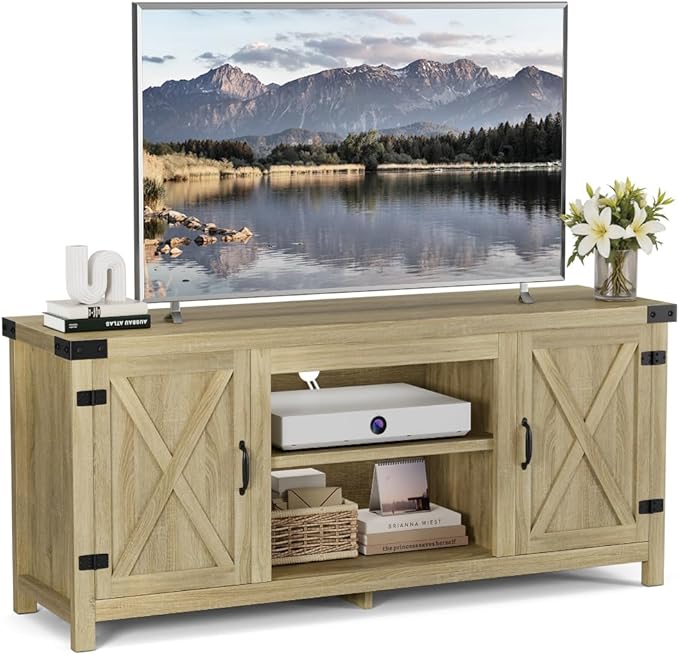 YESHOMY Modern Farmhouse TV Stand with Two Barn Doors and Storage Cabinets for Televisions up to 65+ InchEntertainment Center Console TableMedia Furniture for Living RoomYellow Oak