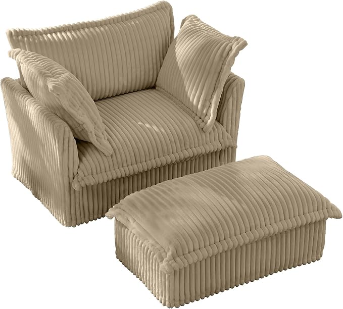 49''W Corduroy Chaise Lounge Chair Indoor Oversized Upholstered Sleeper Sofa with Movable Ottoman and 2 Pillows Removable Sofa Cover for Living Room Home Theater Apartment(Camel)