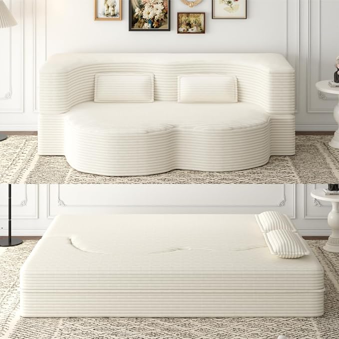 Convertible Sofa Bed Full Size｜78 Sleeper Couch with 2 Pillows｜Corduroy Fabric Folding Sofa Bed｜High-Density Foam｜No Assembly｜Space-Saving｜for Living Room Guest Room｜Beige
