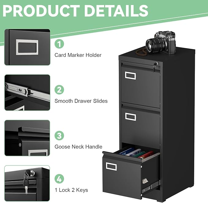 3 Drawer File Cabinet with Lock Small Filing Cabinet Under Desk Storage Organizer for Home Office Vertical Metal Locking Cabinet DrawersBlack
