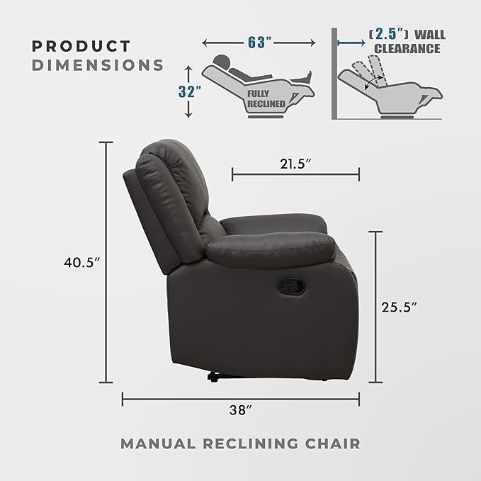 Lexicon Manual Recliner Sofa Chair Home Theater Seating Wall Hugger Manual Reclining Nursery Chair for Bedroom/Living Room/Office/Apartment Dark Brown Faux Leather