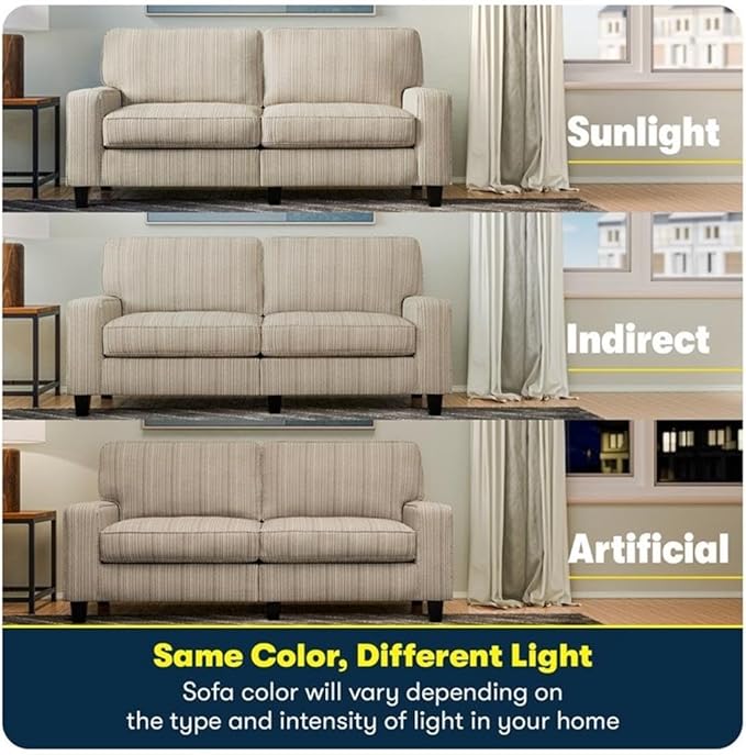 Pemberly Row Modern 73 Track Arm Sofa Beige Upholstered Removable Covers Compact Space-Saving Design Solid Wood Frame High-Density Foam Cushions Living Room or Home Office Furniture