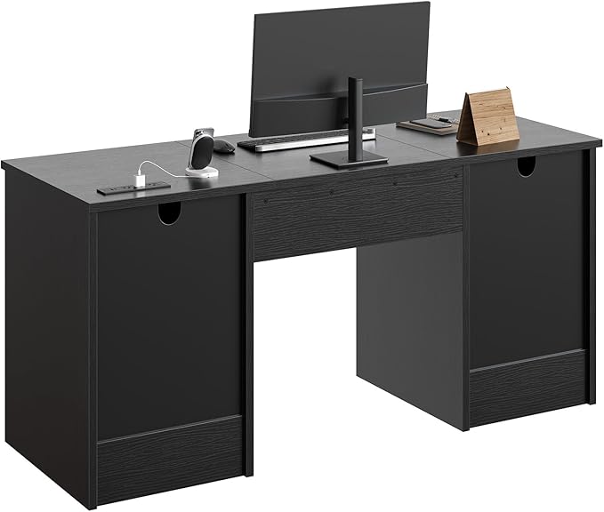 Bestier 59” Office Desk with Lockable Drawers Modern Computer Desk with File Drawer Charging Station &amp Drop-Front Keyboard Drawer Executive Desk with Storage Cabinet for Home Office &amp Studi