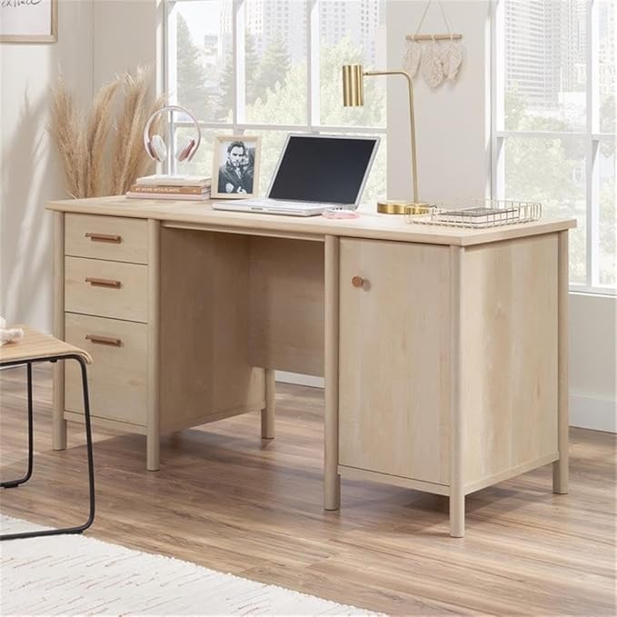 Pemberly Row Contemporary Engineered Wood Desk Natural Maple Finish 3 Drawers with File Storage Adjustable Shelf 2 Cord Pass-Throughs BIFMA Certified Home Office Computer Desk Versatile