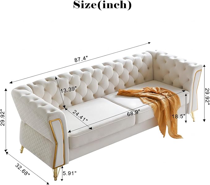 Modern Velvet Sofa Couch for Living Room 87.4 Inch Long Tufted Unique Upholstered Couch Oversized Sofa Decor Furniture with Golden Metal Legs (Beige)