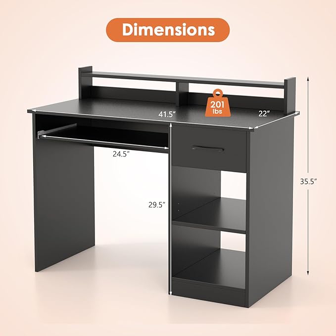 Computer Desk with Drawers Study Table with Storage Shelves Keyboard Tray Wood Makeup Vanity Table Small Desk for Bedroom Study Living Room Home Office (Black 35.5''H)