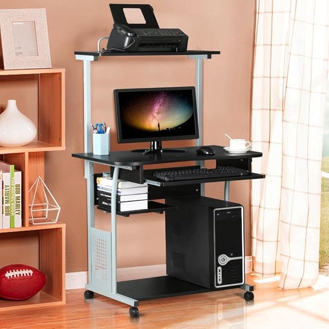 Yaheetech 2 Tier Mobile Computer Desk with Printer Shelf &amp Keyboard Tray Rolling Computer Table for Small Spaces Compact Study Workstation with Wheels Space Saving Black
