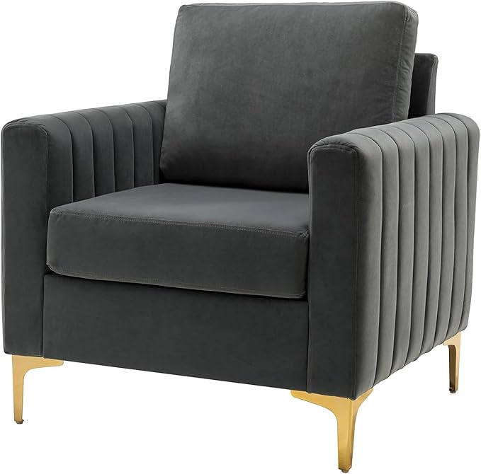 Modern Upholstered Velvet Accent Chair Velvet Armchair Club Chair with Gold Metal Legs Mid-Century Barrel Leisure Comfy Reading Chair for Livingroom BedroomGrey