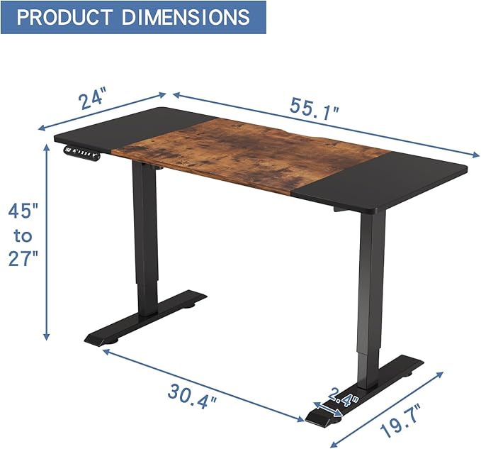 bilbil Height Adjustable Electric Standing Desk 55 x 24 Inches Sit Stand up for Work Office Home Ergonomic Rising Computer Table with Memory Preset with Splice Desktop (Rustic Brown Black)