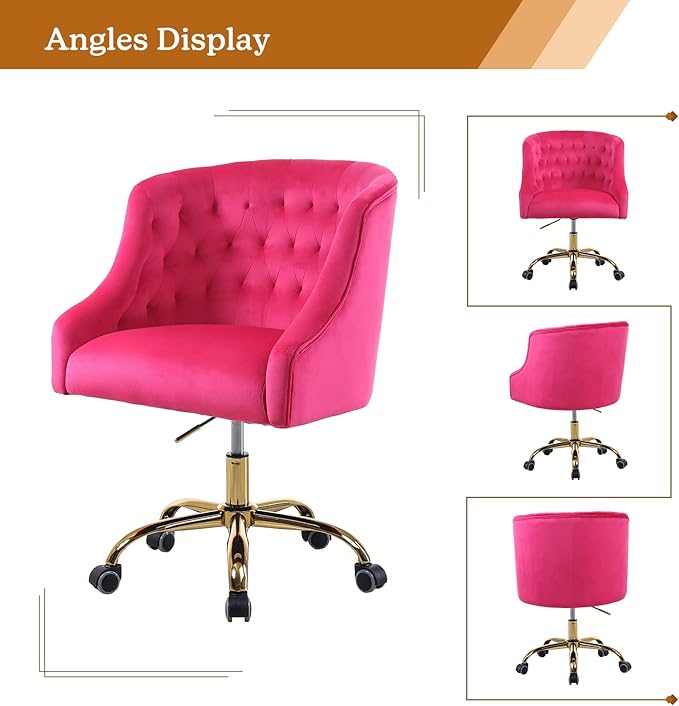 Velvet Home Office Chair with Gold Base Comfortable Modern Cute Desk Chair Adjustable Swivel Task Chair for Living Room Bedroom Vanity Study Fushia