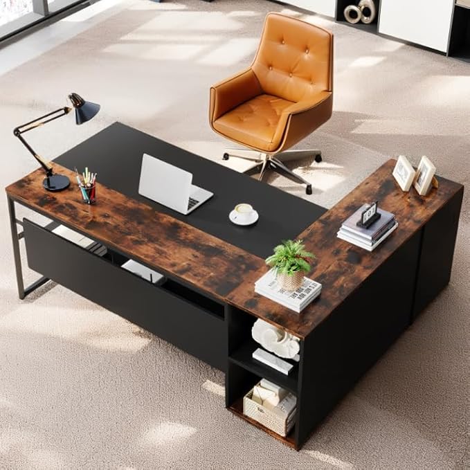 Tribesigns 71 L-Shaped Executive Desk Large Office Desk with Lateral Cabinet and Open Shelves Industrial Computer Table for Home Office Walnut &amp Black