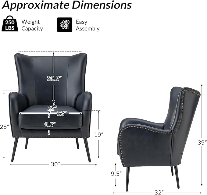 Upholstered Faux Leather Accent Chair with Black Metal Legs Comfy Armchair with Removable Cushion &amp Nailhead Trim Wingback Vanity Chair for Reading Living Room Bedroom