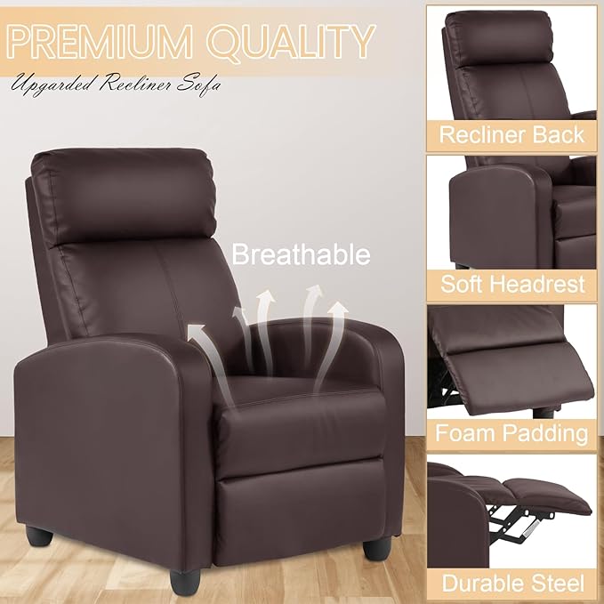 Recliner Chair Breathable Padded PU Leather Massage Single Sofa Recliners for Small Recliner Chair with Footrest Home Theater Seating for Bedroom Living RoomBrown