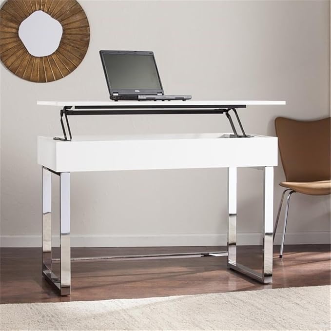 BOWERY HILL Modern Adjustable Height Wood &amp Metal Sit-Stand Desk 47.75 W x 23.75 D x 32 H High Gloss White Finish Ergonomic Lift-Top with Hidden Storage Contemporary Style Home Office Desk
