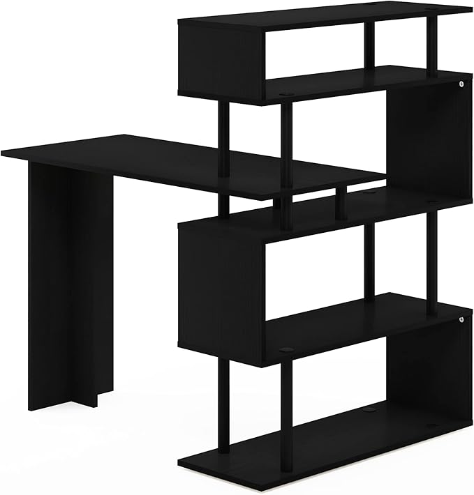 Furinno Moore L-Shape Computer Desk with 5-Tier Shelves Americano
