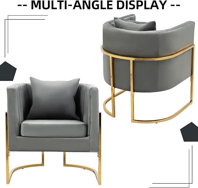 X-VOLSPORT Velvet Accent Barrel Chairs Set of 2 Modern Arm Club Chair Set with Pillow for Living Room/Bedroom/Guest Reception Channel Tufted Gold Finish Base Grey