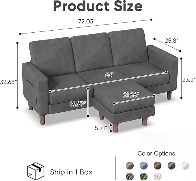 Homall 3 Seat Couch L Shape Sofa with Side Storage Pockage Sectional Couches with Reversible Ottoma Upholstered Sofa for Living Room and Small Spaces (Linen Fabric Graphite Grey)