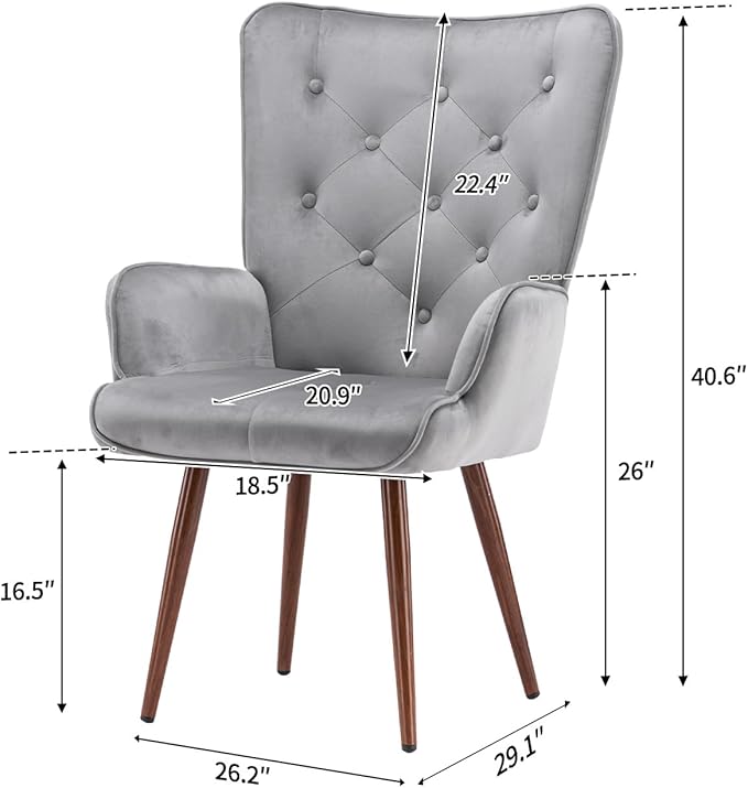 UNICOO Light Grey Velvet High Wingback Chair - Mid-Century Modern Design Vintage Button Reading Living Room Bedroom Office