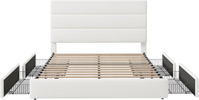 Allewie Modern Queen Size Platform Bed Frame with 4 Storage Drawers and Velvet Upholstered Headboard Wooden Slats Support Upholstered Mattress Foundation/No Box Spring Needed/Easy Assembly White