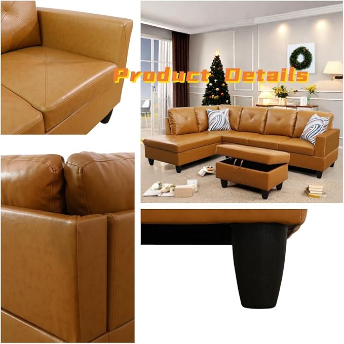 FONTOI L Shaped Sectional Couch with Otttoman 97 Leather Sectional Sofa for Living Room Modular Couches with Cup Holders for Bedroom Apartments Ginger