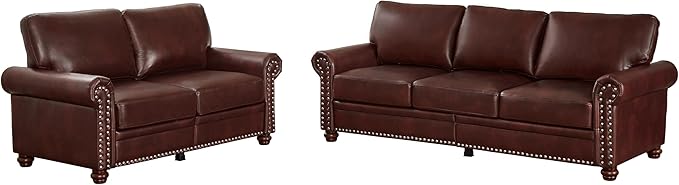 Faux Leather Sofa Set of 2: Love Seat +3 Seat Couch Underseat Storage Classic Sofa Elegance Rolled Armrests Nailhead Trim Wood Legs Classic Living Room Accent 2+3 Seat-Burgundy