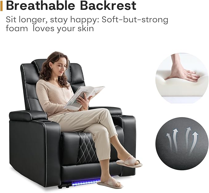 ANJ Power Recliner Chair with USB Port Electric PU Leather Home Theater Seating for Living Room Movie Reclining Chairs with Blue Ambient Lighting Hidden Arm Storage Cup Holders (Black)