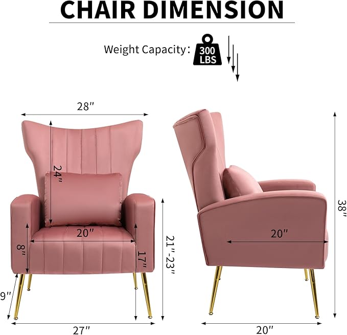 Velvet Accent Chair for Living Room Bedroom Modern Arm Chair with Wingback &amp Gold Metal Legs Lumbar Pillow Included Blush Pink