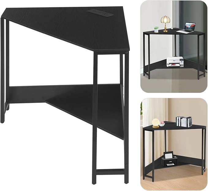 Corner Computer Desk Triangle Computer Desk Small Space Industrial Computers Desks with USB Ports &amp Power Outlet for Home Office Workstation Living Room Bedroom (Black)