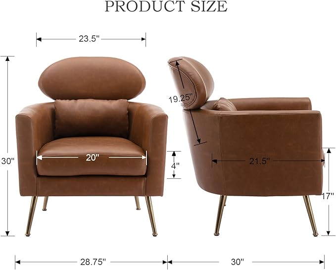 Accent Chair Upholstered Barrel Arm Chair for Living Room Bedroom Reception Room Office Modern Soft Padded Single Sofa Chair with Golden Legs &amp Lumbar Pillow PU Brown