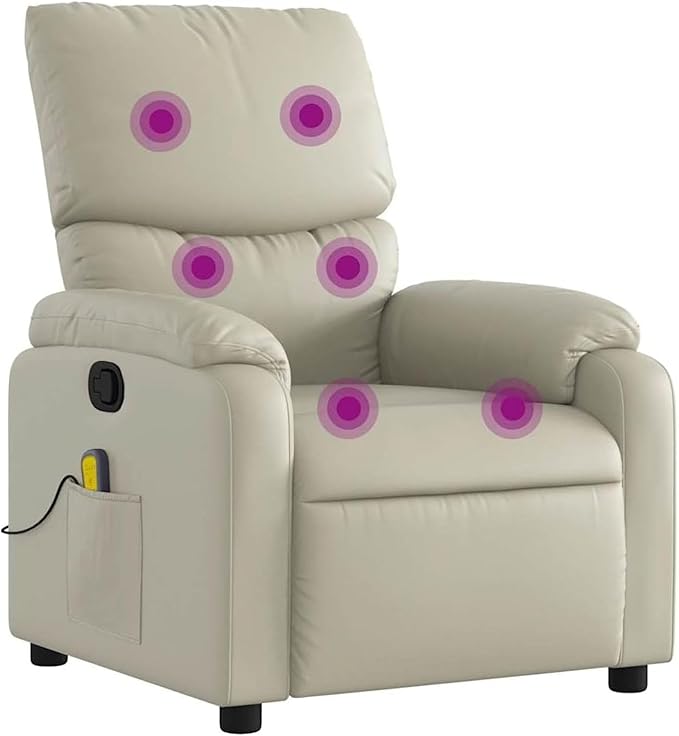 vidaXL Leather Massage Recliner Chair for Living Room Home Theater 6-Point Vibration Massage Adjustable Back &amp Footrest Side Pocket Cream