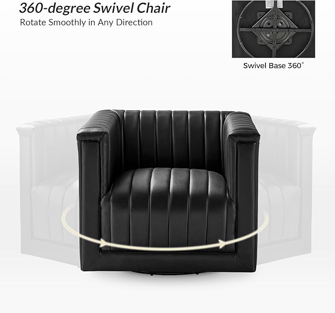 HULALA Home Faux Leather Swivel Accent Chair Boxy Silhouette Chair with Striped Arm Leather Barrel Chair with Herringbone Pattern(Black)