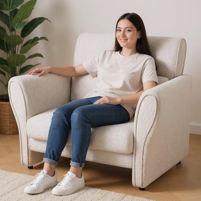 IDEALHOUSE Modern Accent Chair for Bedroom Upholstered Reading Armchair Furry Sherpa Boucle Chair Mid-Century Lounge Comfy Single Sofa for Living Room Home Office Ivory