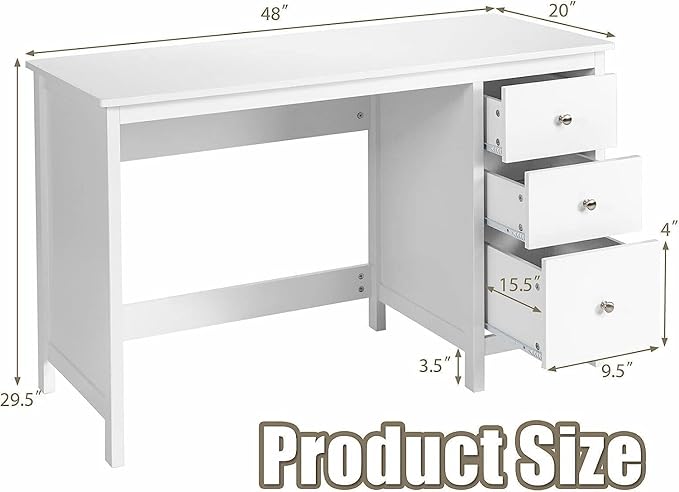 GOFLAME 3-Drawer Computer Desk Study Desk with Spacious Desktop Modern Writing Desk Compact Laptop Desk Multipurpose Workstation for Home Office White