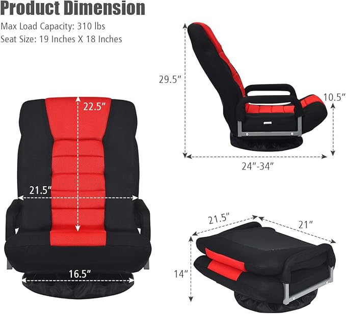 Giantex Floor Chair 360 Degree Swivel Chair with Adjustable Backrest Lumbar Support Armrest Foldable Lazy Sofa Rocker for TV Reading Playing Video Games Black/Red
