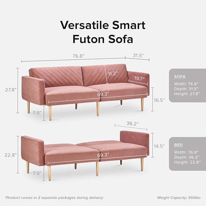 mopio 76.4 Futon Sofa Bed Couch Loveseat Sleeper Sofa Mid Century Modern Futon Couch Sofa Cama Couches for Living Room (Old Rosa Velvet)