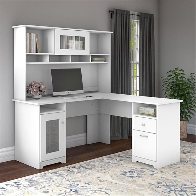 Pemberly Row 60W L Shaped Computer Desk with Hutch White Finish Storage Cabinet File Drawer Adjustable Shelf Fluted Glass Door Home Office Desk for Corner Workspace