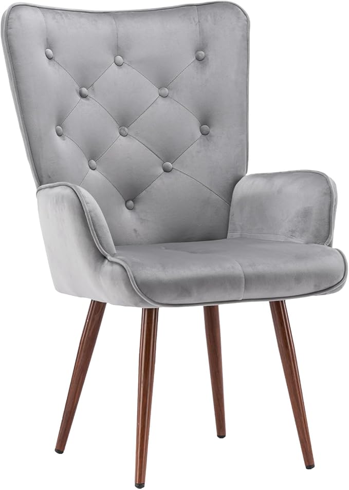 UNICOO Light Grey Velvet High Wingback Chair - Mid-Century Modern Design Vintage Button Reading Living Room Bedroom Office