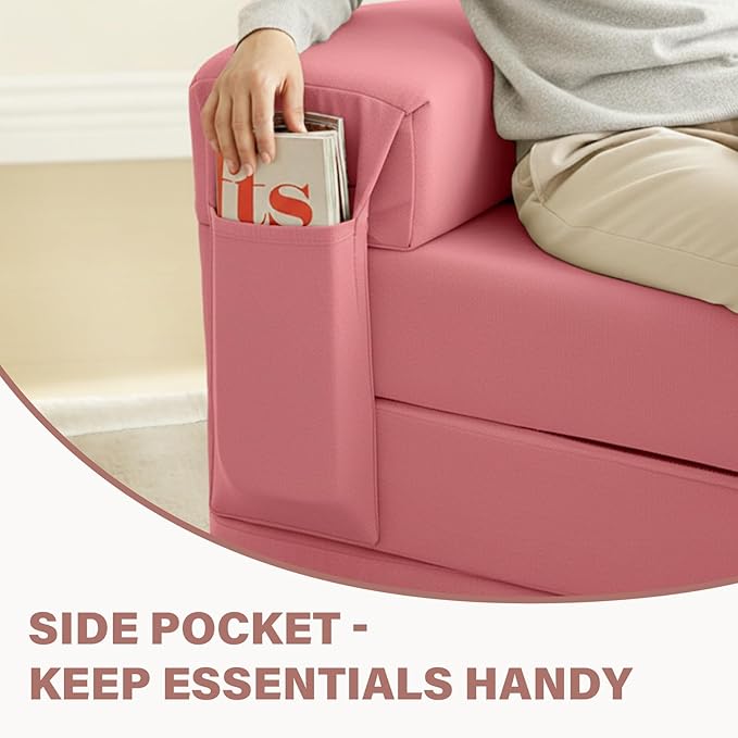 Tiita Folding Sofa Bed Chair 4-Fold Convertible Sleeper Chair with Lumbar Pillow Washable Cover &amp Side Pocket Floor Couch Bed with Raised Seat Single Size for Small Spaces Pink