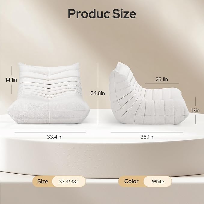 High-end Togo Bean Bag Chair Fireside Chair with Pure White Jacquard Fabric Cover Comfy &amp Soft Lazy Floor Lounge Sofa for Bedroom Living Room Office or Salon