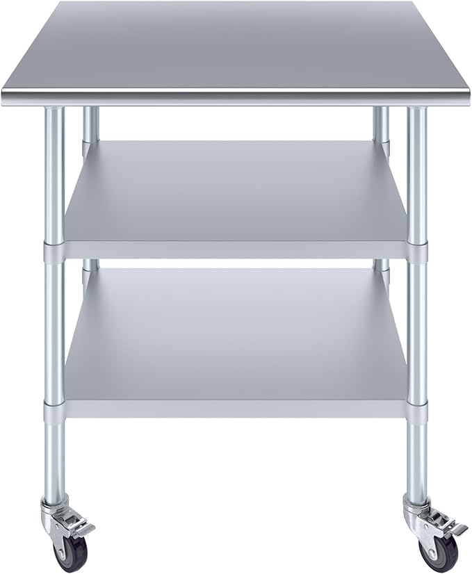 AmGood Stainless Steel Work Table with 2 Shelves and Casters | Metal Utility Table On Wheels (Stainless Steel Work Table with 2 Shelves + Casters 36 Long x 30 Deep)