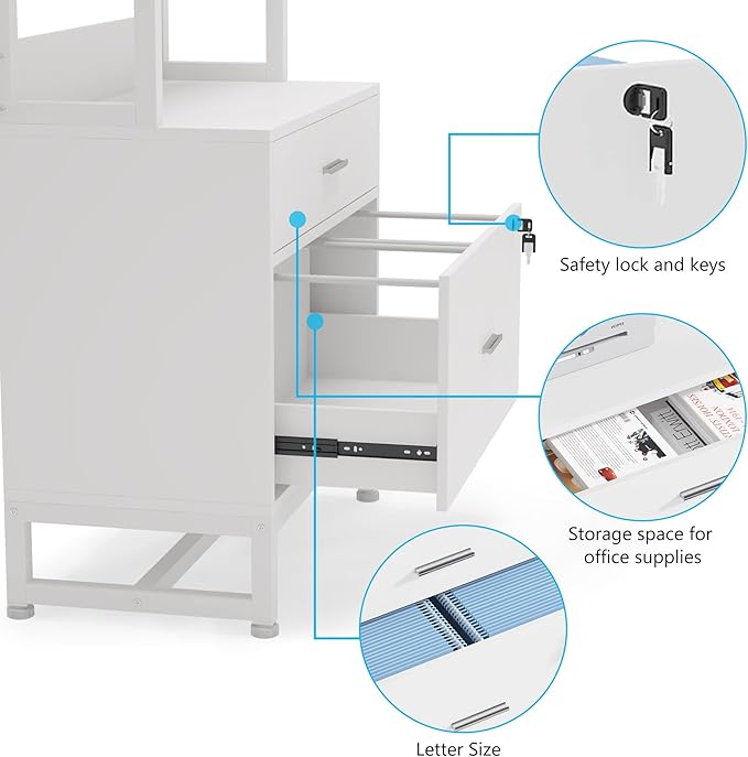 Tribesigns 2 Drawer Vertical File Cabinet with Lock &amp Bookshelf Letter Size Large Modern Filing Cabinet Printer Stand with Open Storage Shelves for Home Office White