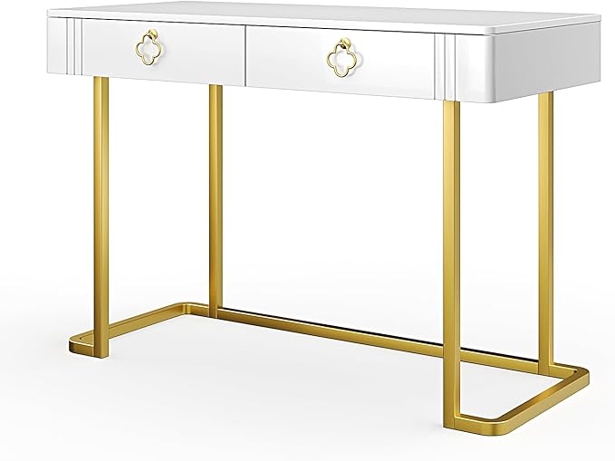 White Vanity Desk with 2 Drawers Gold and White DeskHome Office Desk Modern Makeup Vanity Table Entryway Console Table Sofa Table (Deluxe Leg)